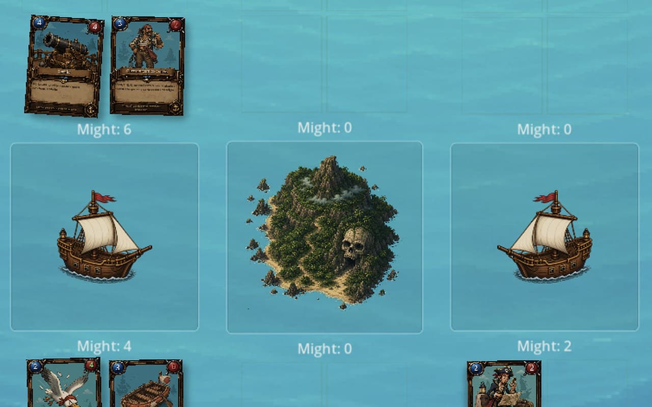 Partida de SkullBay na rodada 4 de 5, com cartas jogadas nos três campos